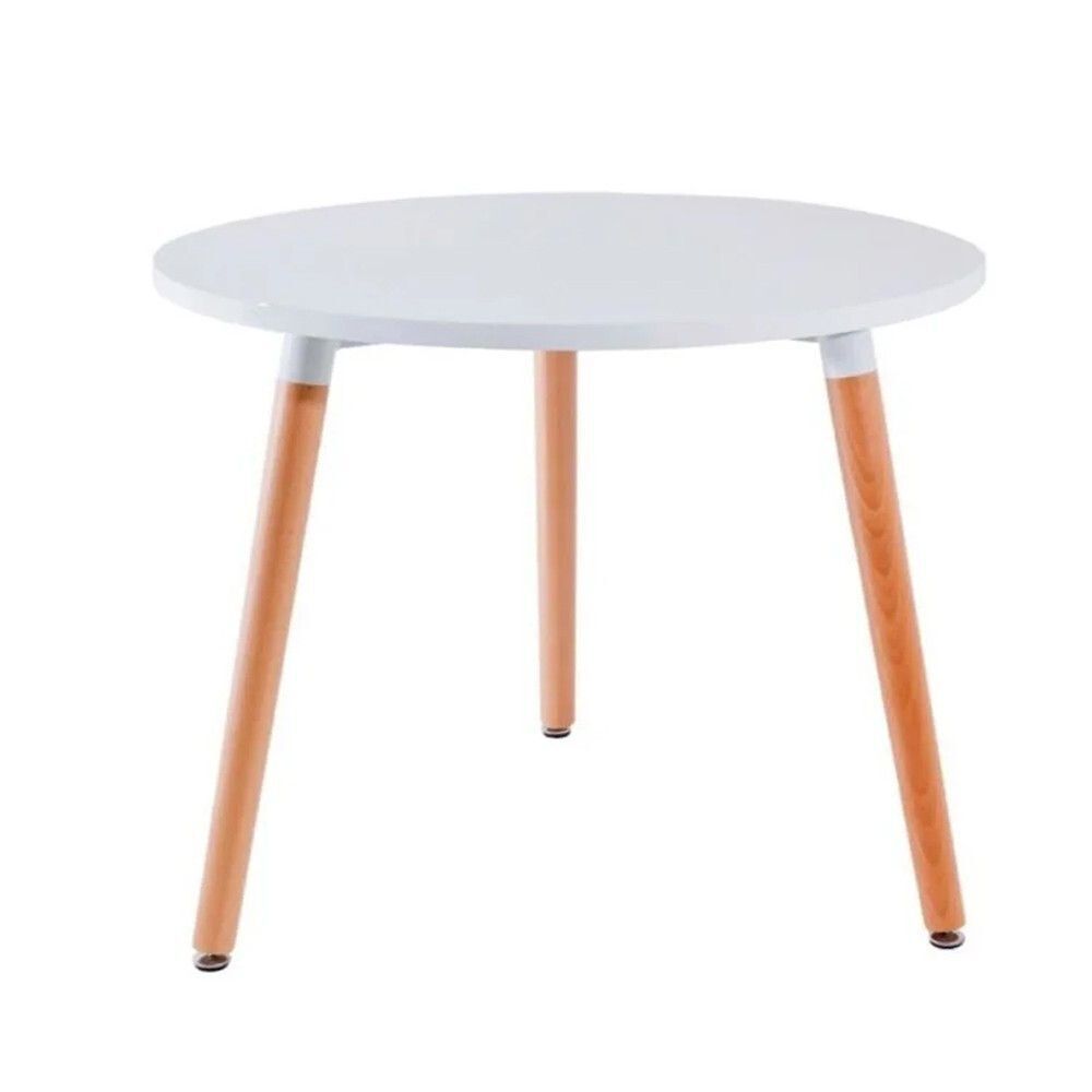 Mesa Eames con tapa blanca y patas de madera redondas